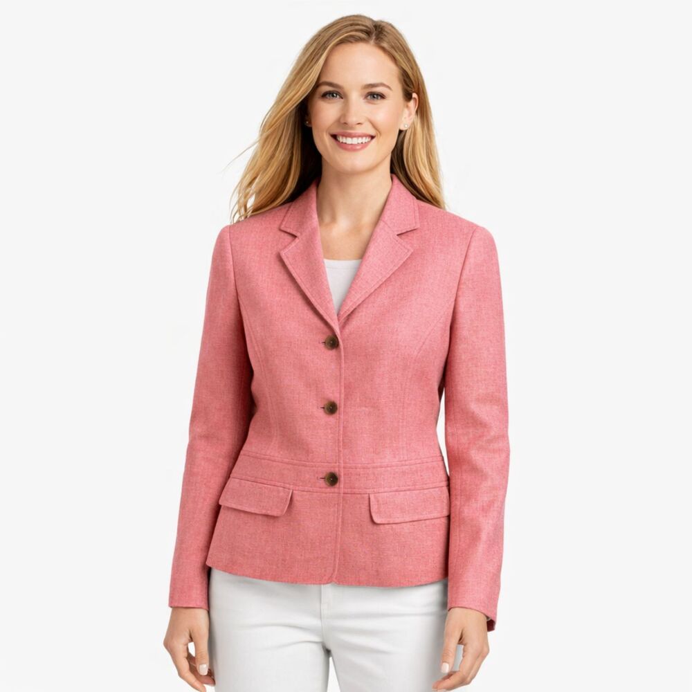 Lands End Wool Silk Linen Blazer Womens Size 10 Pink 3 Button Tailored Jacket